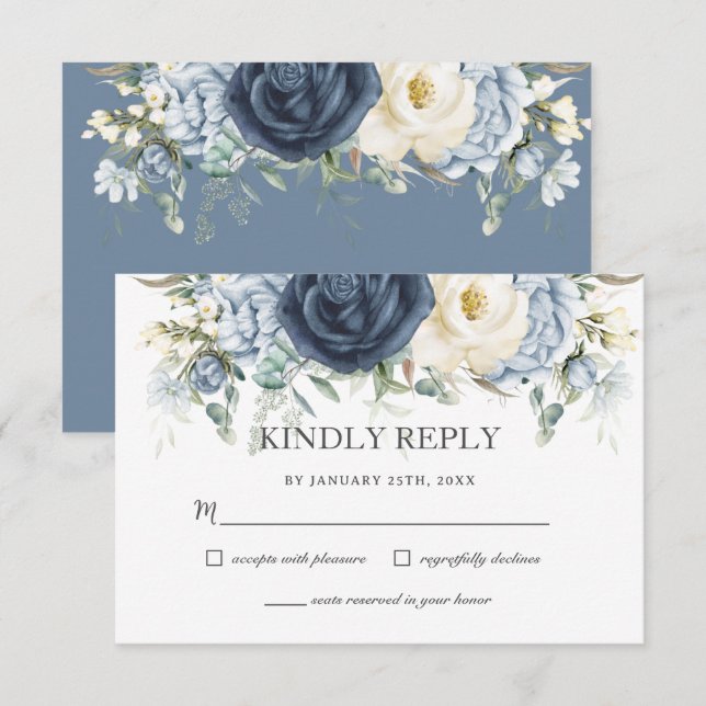 Boho Dusty Blue Navy Ivory Floral Sage Wedding RSVP Card (Front/Back)