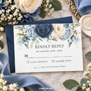 Boho Dusty Blue Navy Ivory Floral Sage Wedding RSVP Card