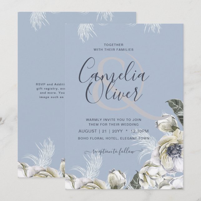 BOHO Dusty Blue Pampas Floral Wedding Invitation (Front/Back)