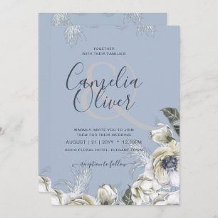 BOHO Dusty Blue Pampas Floral Wedding Invitation