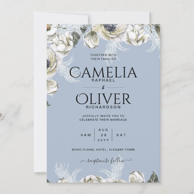 BOHO Dusty Blue Pampas Floral Wedding Invitation (Front)