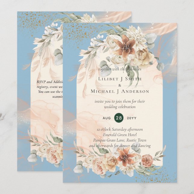 BOHO Dusty Blue Pampas Grass Wedding Invitation (Front/Back)