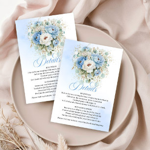 Boho Dusty Blue Peonies Gold Wedding Details Card