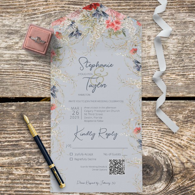 Boho Dusty Blue & Pink Floral Blue QR Code All In One Invitation (Creator Uploaded)