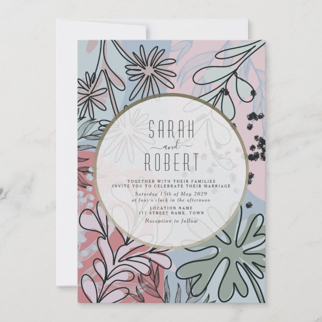 Boho Dusty Blue Pink Floral Wedding Invitation (Front)