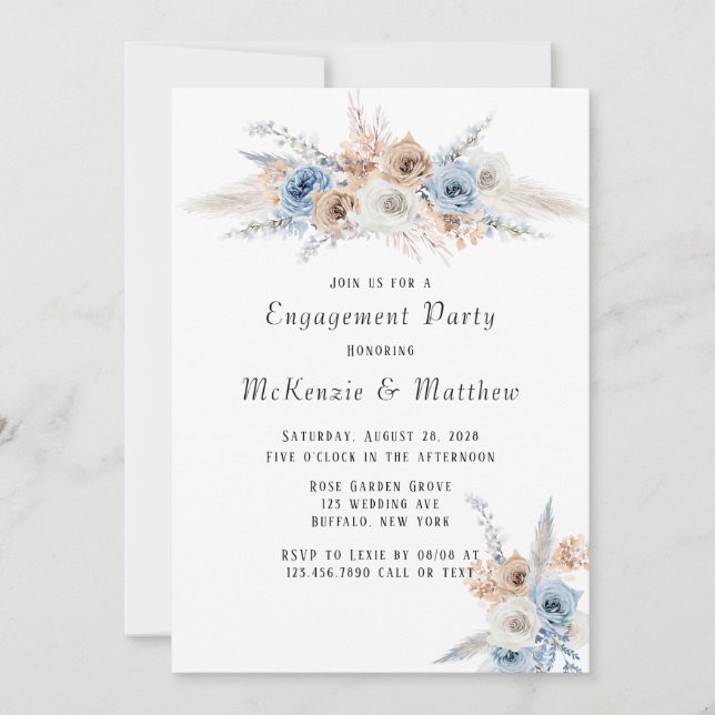 Boho Dusty Blue Pink Peony Engagement Party Invitation (Front)