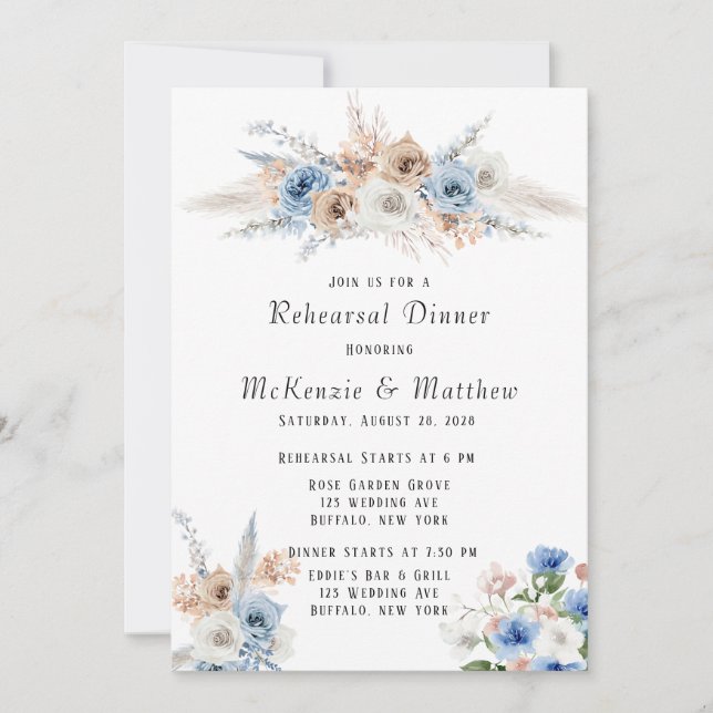 Boho Dusty Blue Pink Peony Rehearsal Dinner Invitation (Front)