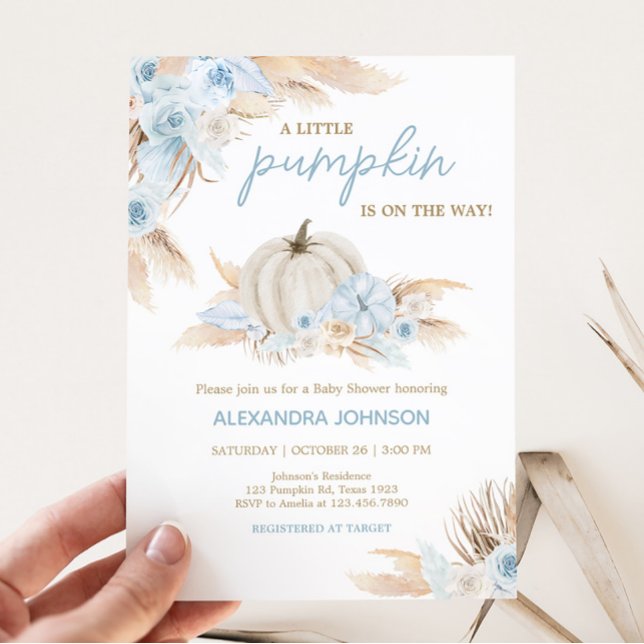 Boho Dusty Blue Pumpkin Baby Shower Invitation (Boy Little Pumpkin Baby Shower Invitation)