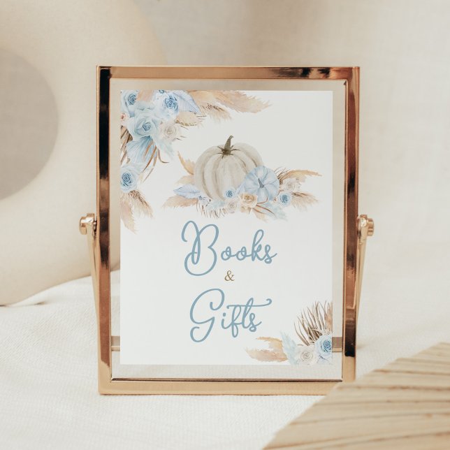 Boho Dusty Blue Pumpkin Books and Gifts Poster (Boy Little Pumpkin Baby Shower Books and Gifts Sign)