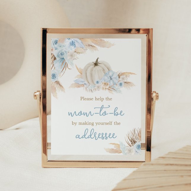 Boho Dusty Blue Pumpkin Envelope Station Poster (Boy Little Pumpkin Baby Shower Envelope Station Sign)