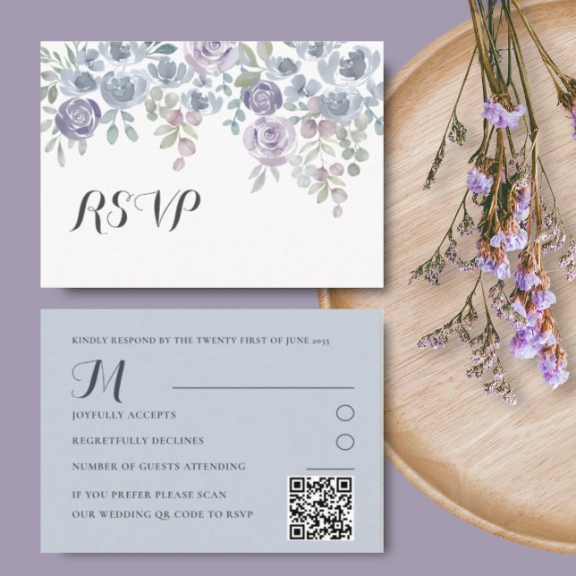 Boho Dusty Blue & Purple Floral Wedding RSVP Enclosure Card (Creator Uploaded)