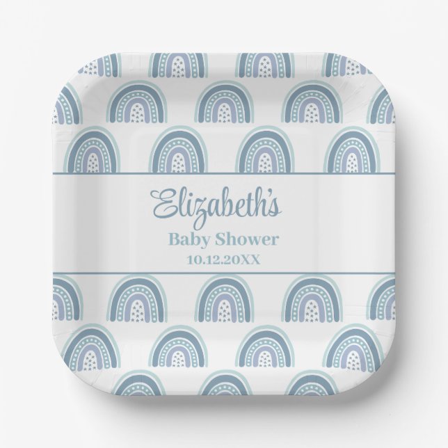 Boho Dusty Blue Rainbow Baby Shower Paper Plate (Front)