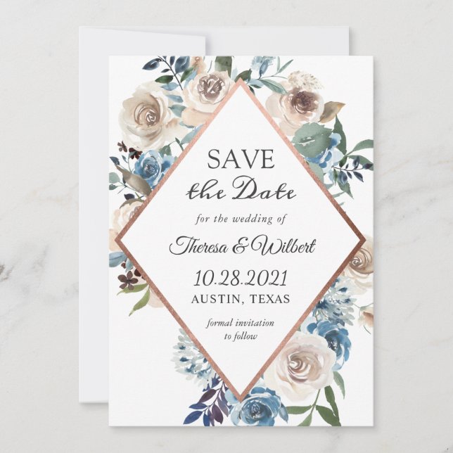 Boho Dusty Blue Rustic Floral Save The Date (Front)