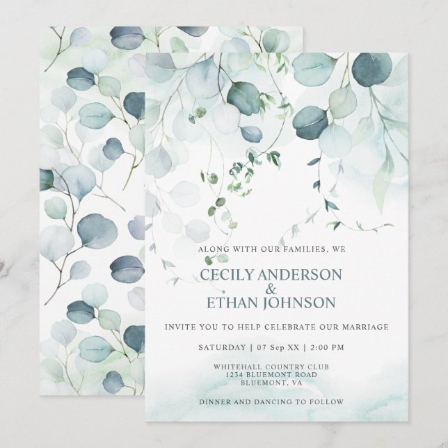Boho Dusty Blue & Sage Green Eucalyptus Wedding Invitation (Front/Back)