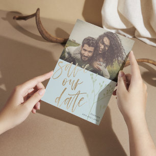 Boho Dusty Blue Save Our Date Faux Gold & Foliage  Holiday Card