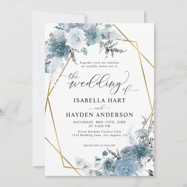 Boho Dusty Blue Slate Pastel Gold Foil Wedding Inv Invitation (Front)