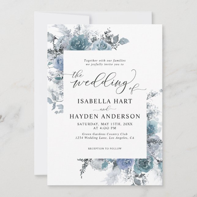 Boho Dusty Blue Slate Pastel Pampas Floral Wedding Invitation (Front)