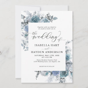 Boho Dusty Blue Slate Pastel Pampas Floral Wedding Invitation