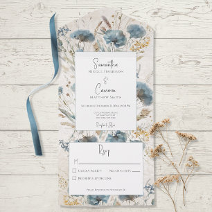 Boho Dusty Blue & Tan Floral Monogram No Dinner All In One Invitation