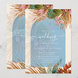 BOHO Dusty Blue Tropical Pampas Grass Wedding Invitation