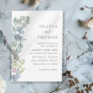 Boho Dusty Blue Watercolor Floral Wedding Invitation