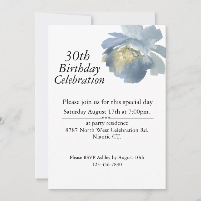 Boho Dusty Blue Watercolor Rose 30th Birthday Invitation (Front)