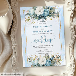 Boho Dusty Blue White Gold Flowers Wedding Invites