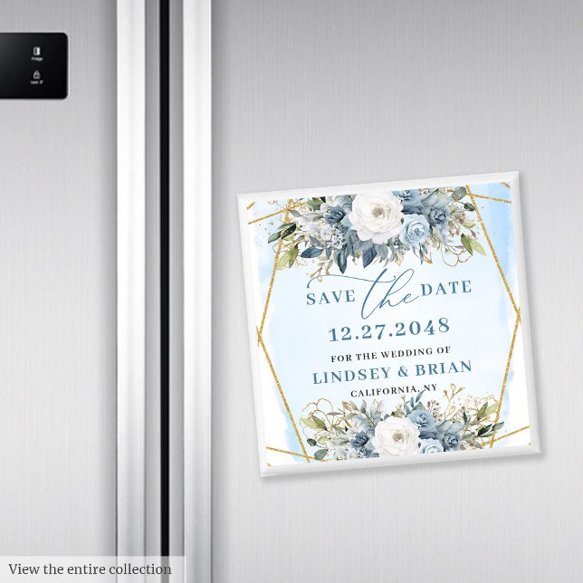 Boho Dusty Blue White Peony Floral Save the Date Magnet (Boho Dusty Blue White Peony Floral Save the Date)