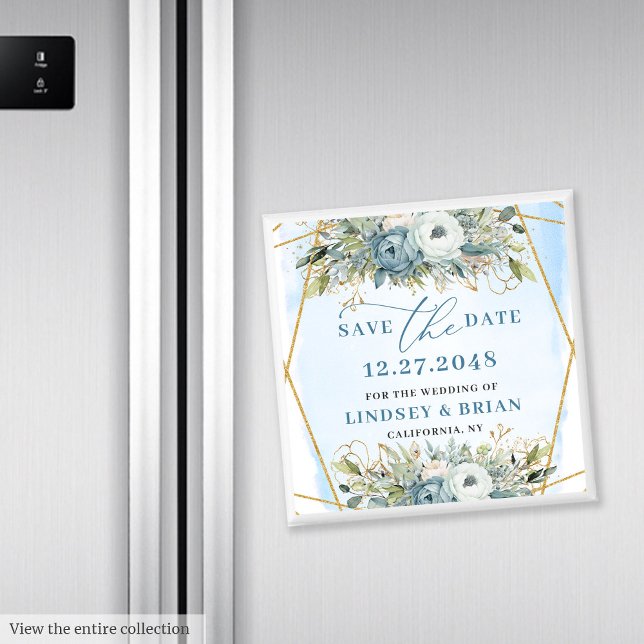 Boho Dusty Blue White Peony Floral Save the Date Magnet (Boho Dusty Blue White Peony Floral Save the Date)