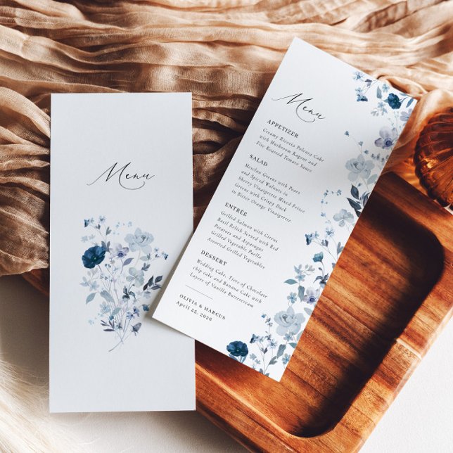 Boho Dusty Blue Wildflower Elegant Wedding Menu (Back/Front)