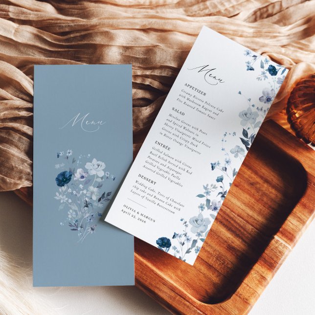 Boho Dusty Blue Wildflower Elegant Wedding Menu (Back/Front)