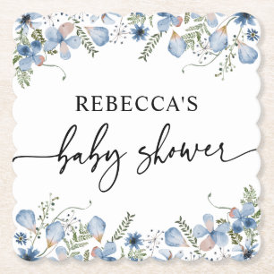 Boho Dusty Blue Wildflowers Baby Shower  Paper Coaster