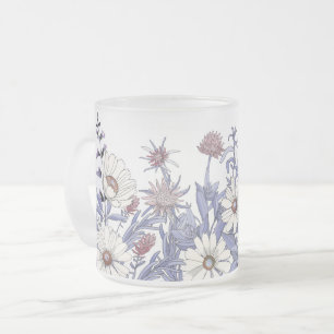 Boho Dusty Blue  Wildflowers Thistles Daisy Frosted Glass Coffee Mug