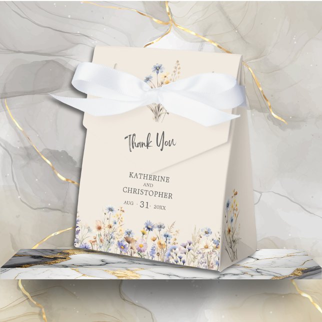 BOHO Dusty Blue Wildflowers Wedding Thank You Favour Box (BOHO Watercolor Floral Wedding Favor Bow Box with light blue, yellow wildflowers, wedding details.)