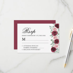 Boho Dusty Burgundy Blush Rose Floral Wedding RSVP Card