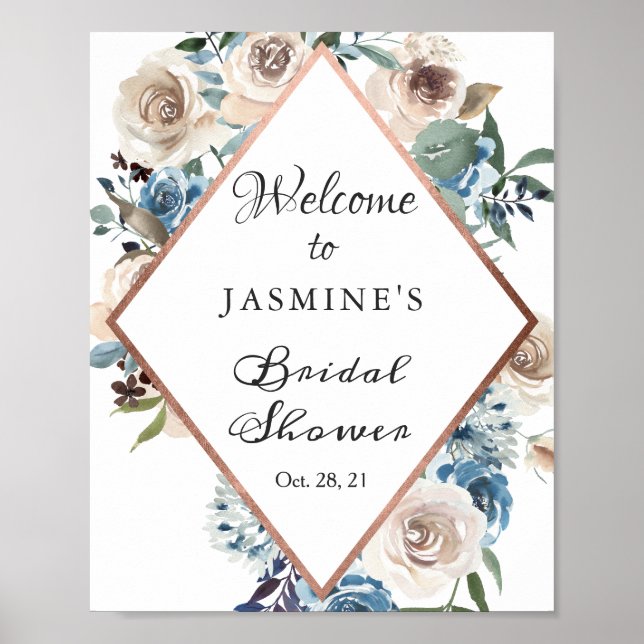 Boho Dusty Floral Rose Gold Bridal Shower Sign (Front)