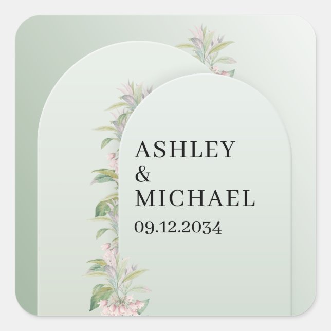 Boho dusty green arch spring blush flowers square sticker (Front)