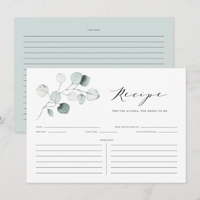 Boho Dusty Green Eucalyptus Leaves Shower Recipe Enclosure Card (Front/Back)