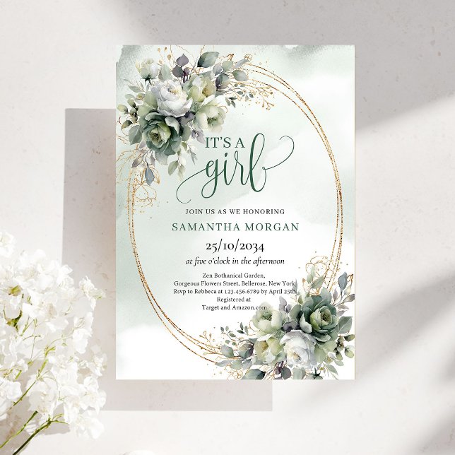 Boho Dusty Green Eucalyptus Theme For Sweet  Invitation (Boho Dusty Green Eucalyptus Theme For Sweet It’s A Girl Invite)