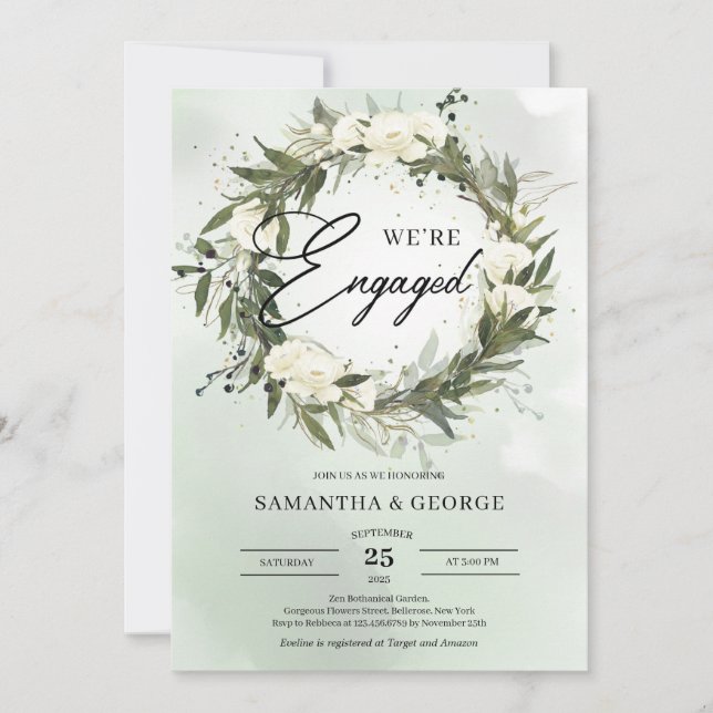 Boho Dusty green Olive wreath white roses Invitation (Front)