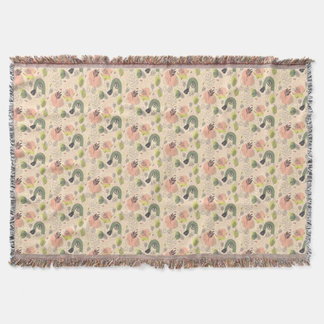 Boho dusty green sage green beige tropical  throw blanket (Front)