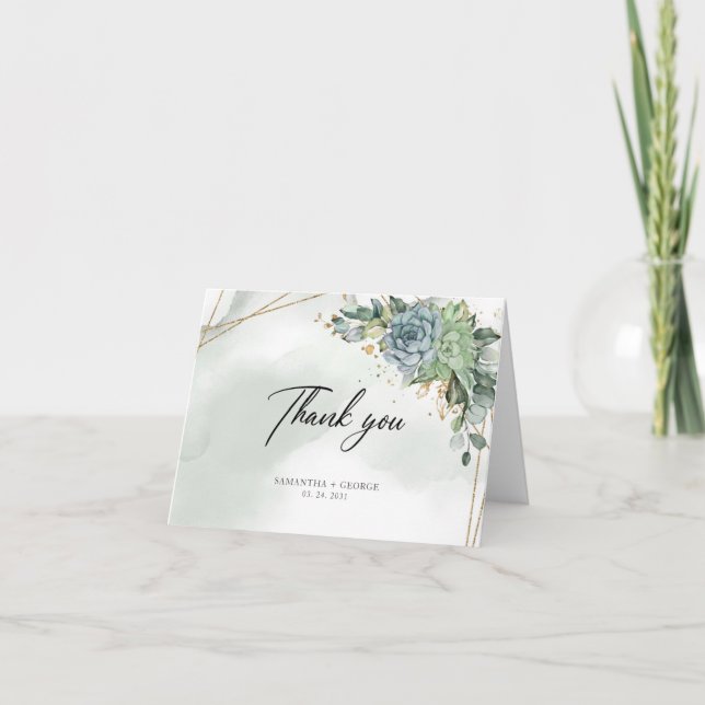 Boho dusty green succulents eucalyptus gold frame  thank you card (Front)