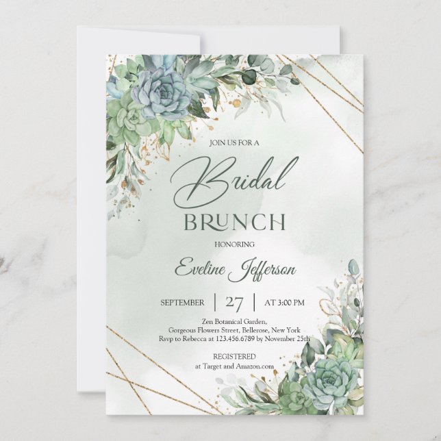 Boho dusty green succulents gold Bridal brunch Invitation (Front)