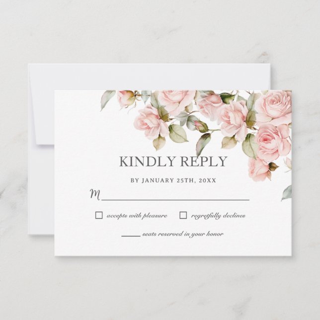 Boho Dusty Pale Pink Roses Floral Greenery Wedding RSVP Card (Front)