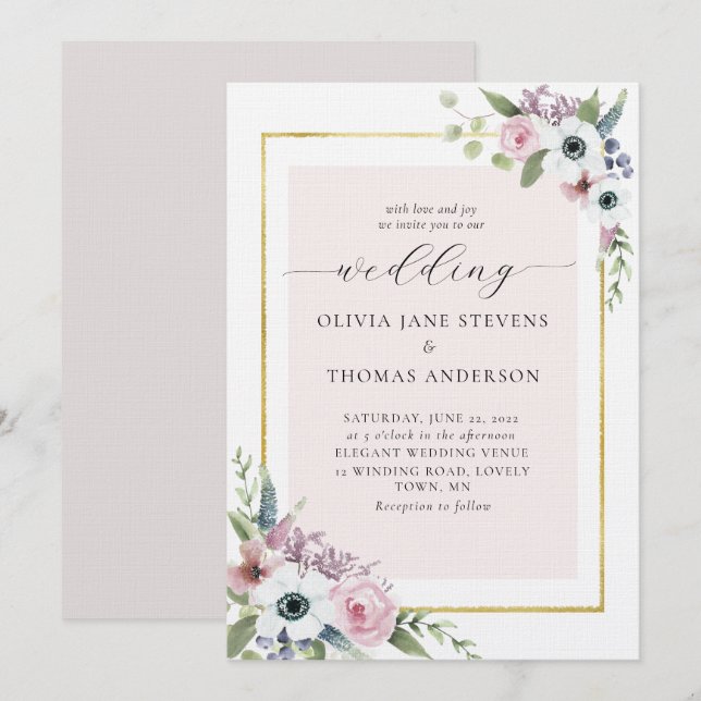Boho Dusty Pink Anemone Rose Floral Frame Wedding Invitation (Front/Back)