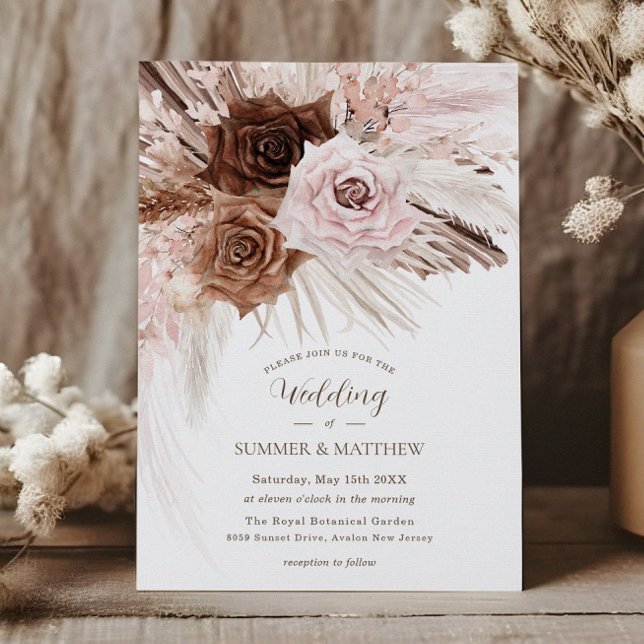 Boho Dusty Pink Brown Floral Pampas Grass Wedding Invitation (Creator Uploaded)