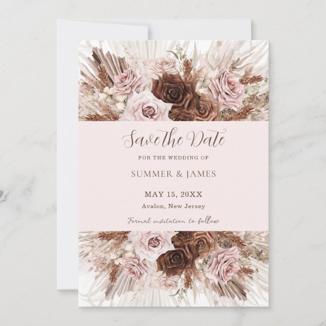 Boho Dusty Pink Brown Floral Pampas Grass Wedding Save The Date (Front)