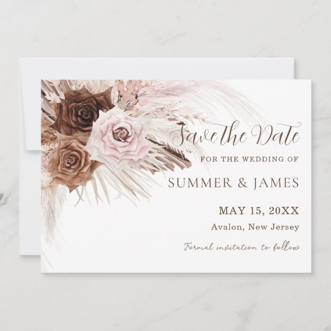 Boho Dusty Pink Brown Floral Pampas Grass Wedding Save The Date (Front)