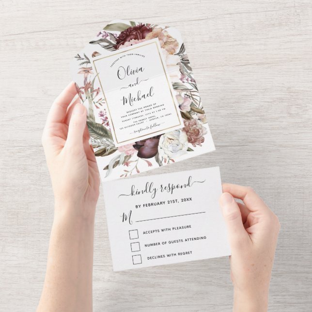 Boho Dusty Pink Burgundy Wedding  All In One Invit All In One Invitation (Tearaway)