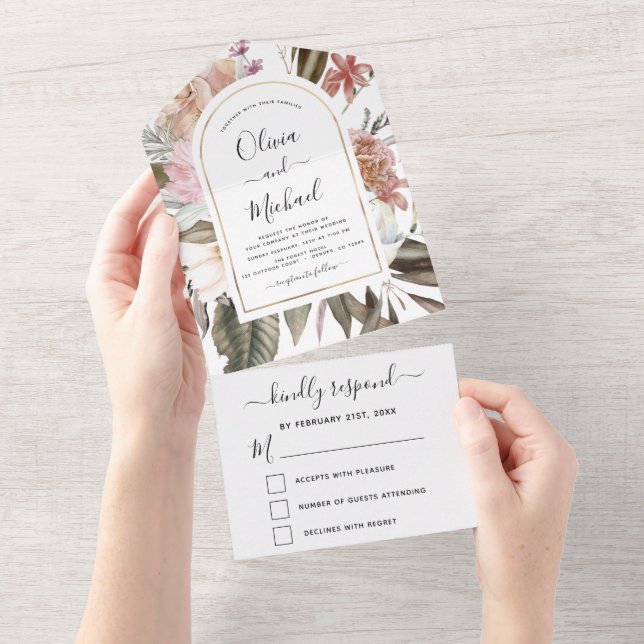 Boho Dusty Pink Burgundy Wedding Autumn Fall All In One Invitation (Tearaway)